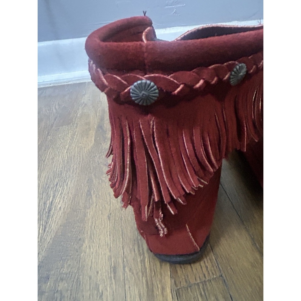 90s Minnetonka 429 Fringe ankle boots red suede leather Size 8 Moccasins - Picture 8 of 10